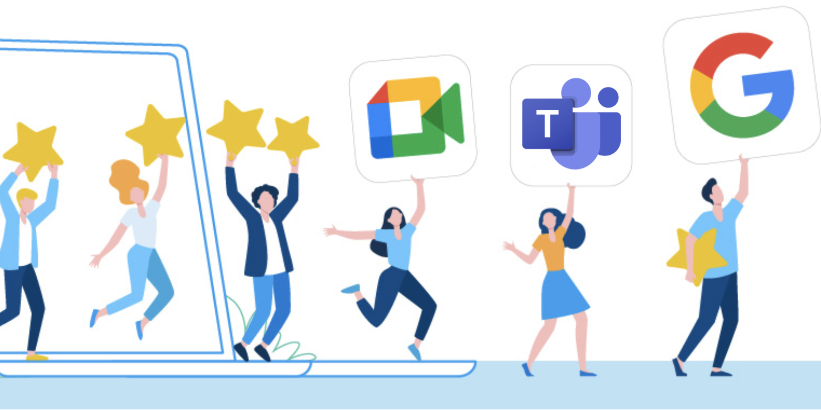 Illustrazione di una serie di persone che sorreggono il logo sovradimensionato di Google Meet e Microsoft Teams