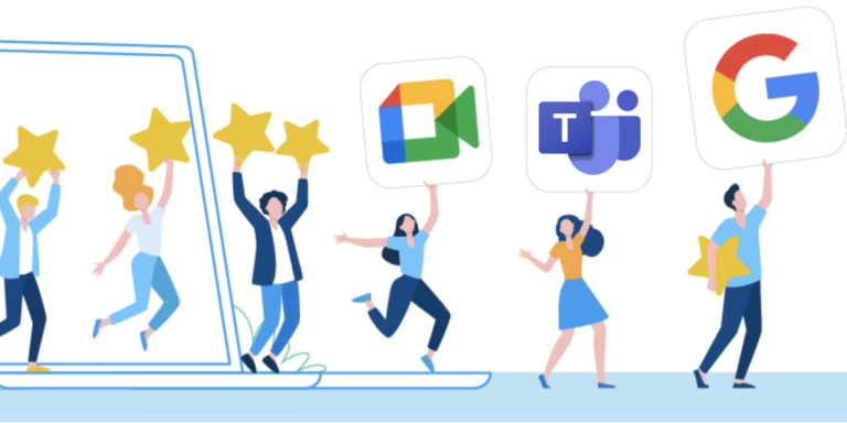 Illustrazione di una serie di persone che sorreggono il logo sovradimensionato di Google Meet e Microsoft Teams