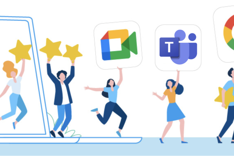 Illustrazione di una serie di persone che sorreggono il logo sovradimensionato di Google Meet e Microsoft Teams