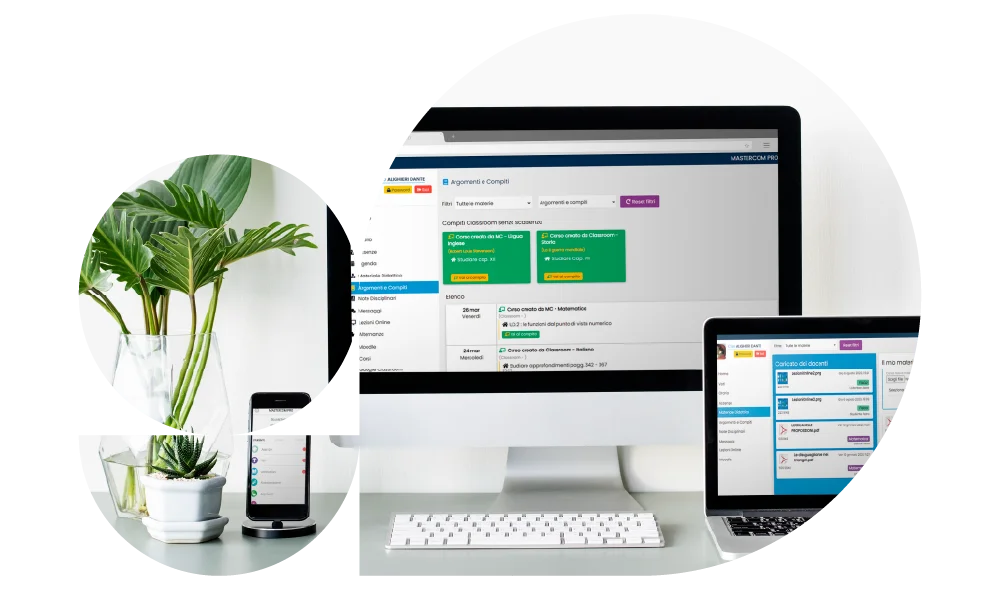Fotografia di computer fisso, portatile e smartphone con le schermate di Mastercom Pro